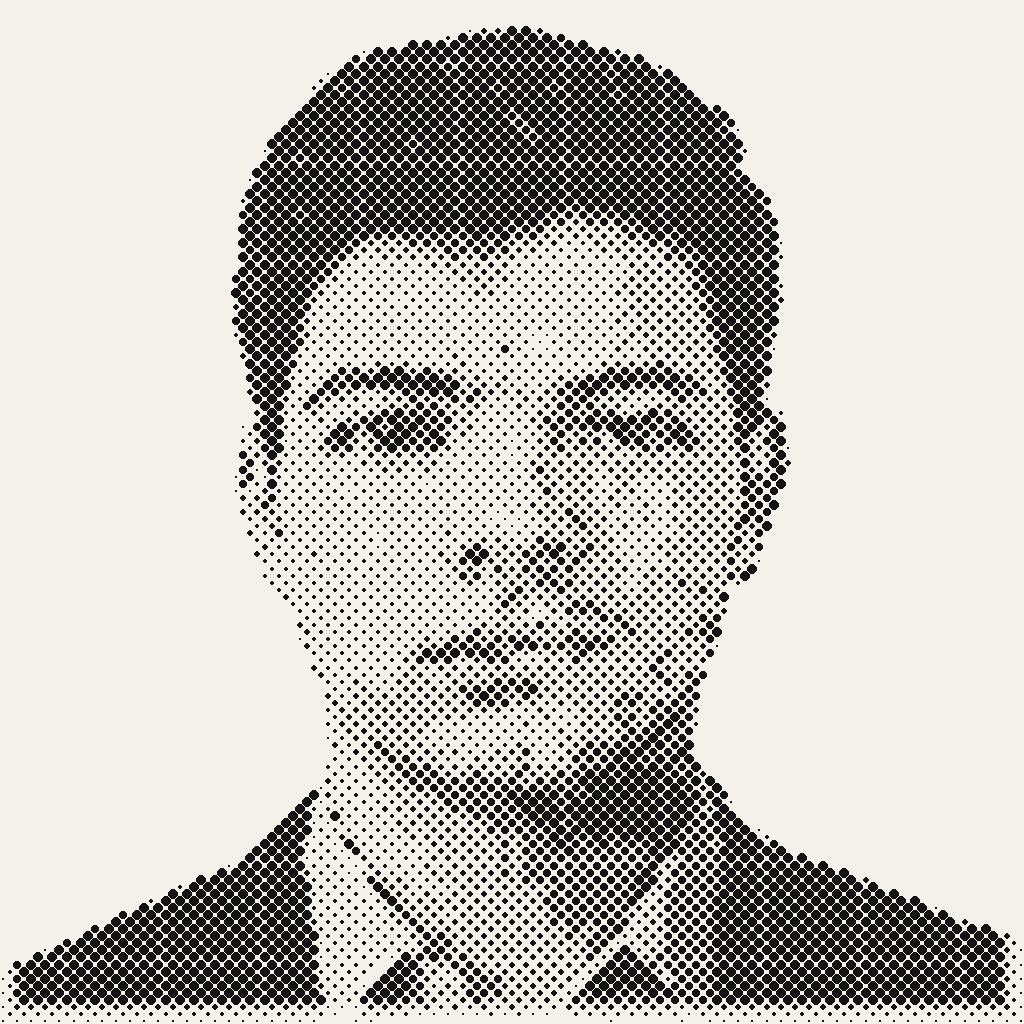 Retrato artístico em halftone dividido: metade de hoje, metade projetada para 2046